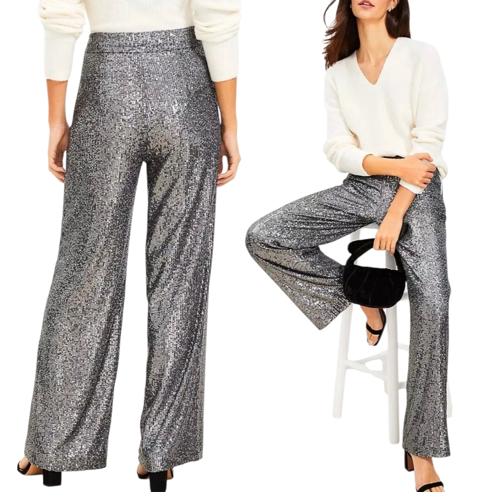 LOFT Silver Sequins High Rise Wide Leg Pants Side Zip Petite 10P Holiday Party - Picture 2 of 10